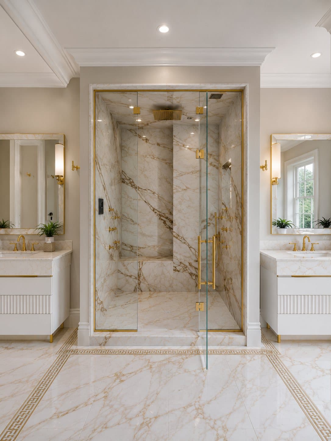 Luxury marble shower with gold accents by Diamond Tiling in a Toronto custom home